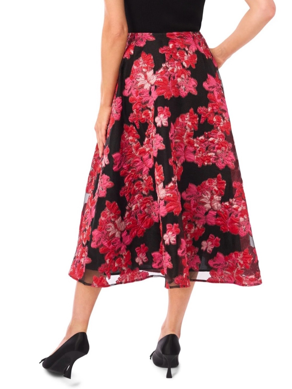Ted Baker Fiona Black Midi Skirt with Pink & Red Floral Brocade size 8 NWT - Picture 3 of 5
